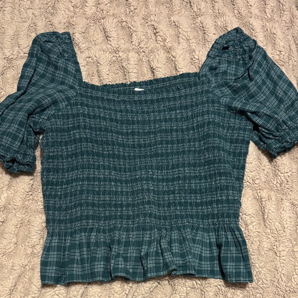 J. Crew Teal Checkered Smocked Blouse